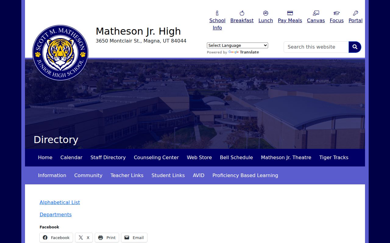 Matheson Junior High Magna staff directory page